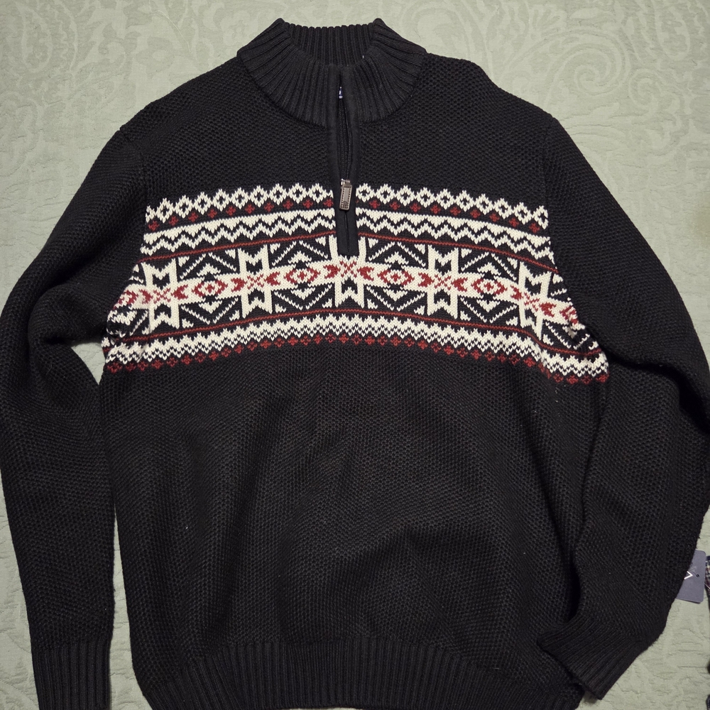 Izod Black Zip Up Sweater with Cream and Red Patterns